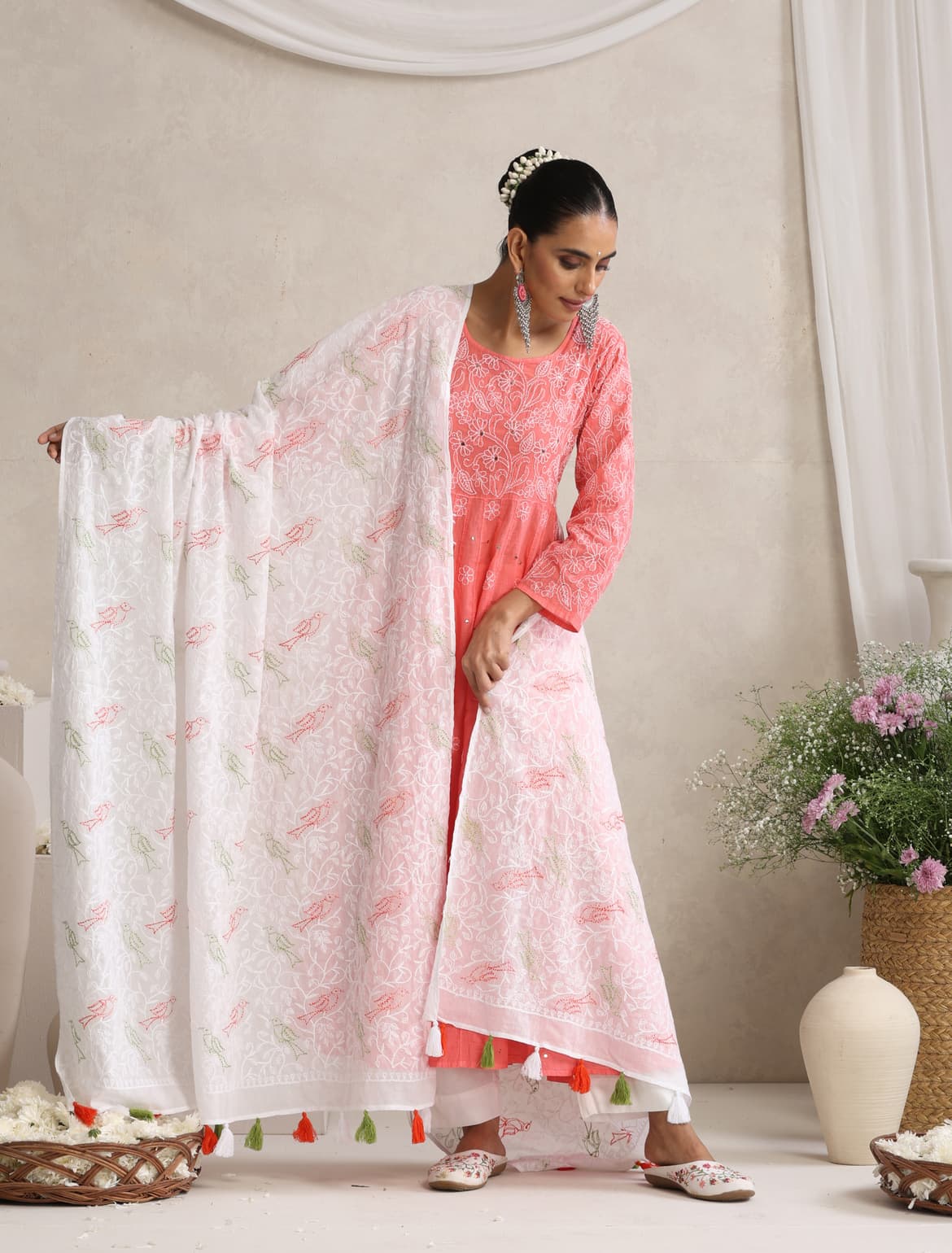 Harsingar White Multicolour Mulmul Dupatta